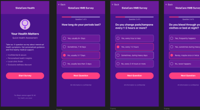 Screenshot of the Sistercare app showing the four-question survey