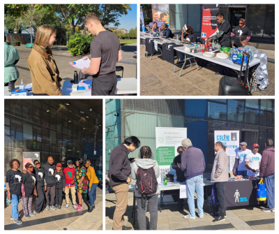 Collage of people attending different stalls and information at the community blood pressure event