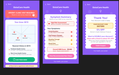 Screenshot of the Sistercare app showing the health clinic map, symptoms summary and discount code