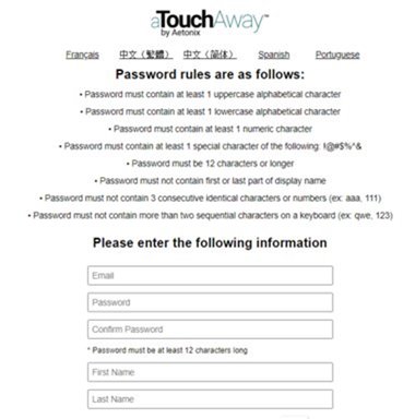 Password rules for aTouchAway - Life Lines - June 2022